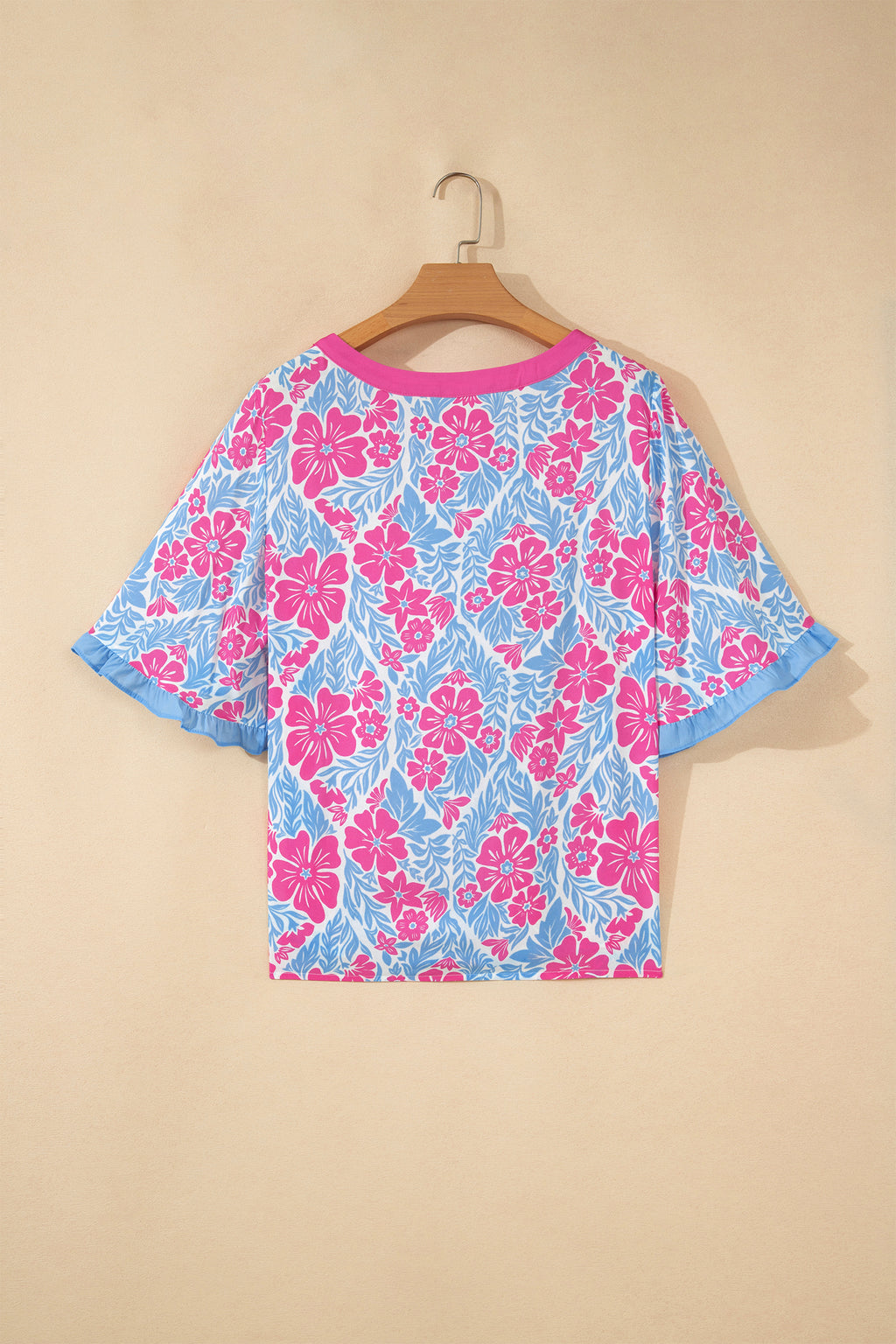 Sky Blue Floral Print Ruffled Color Block Trim Half Sleeve Blouse