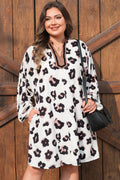 Khaki Leopard Print Contrast V Neck Plus Size Shift Mini Dress