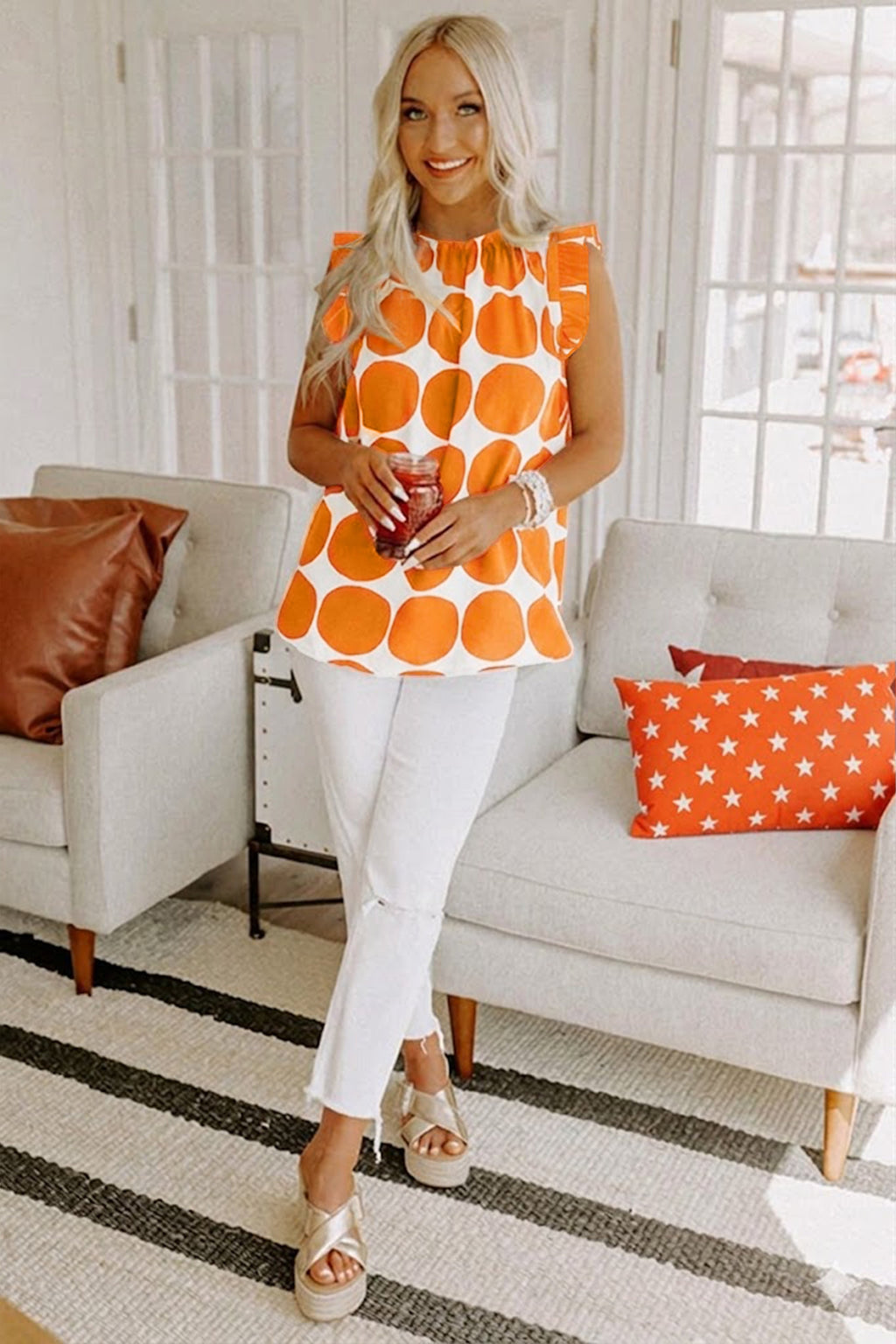 Polka Dot Frilled Round Neck Tank Top