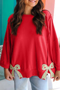 Fiery Red Floral Bow Patched Exposed Seam Patchwork Slit Baggy Sweatshirt