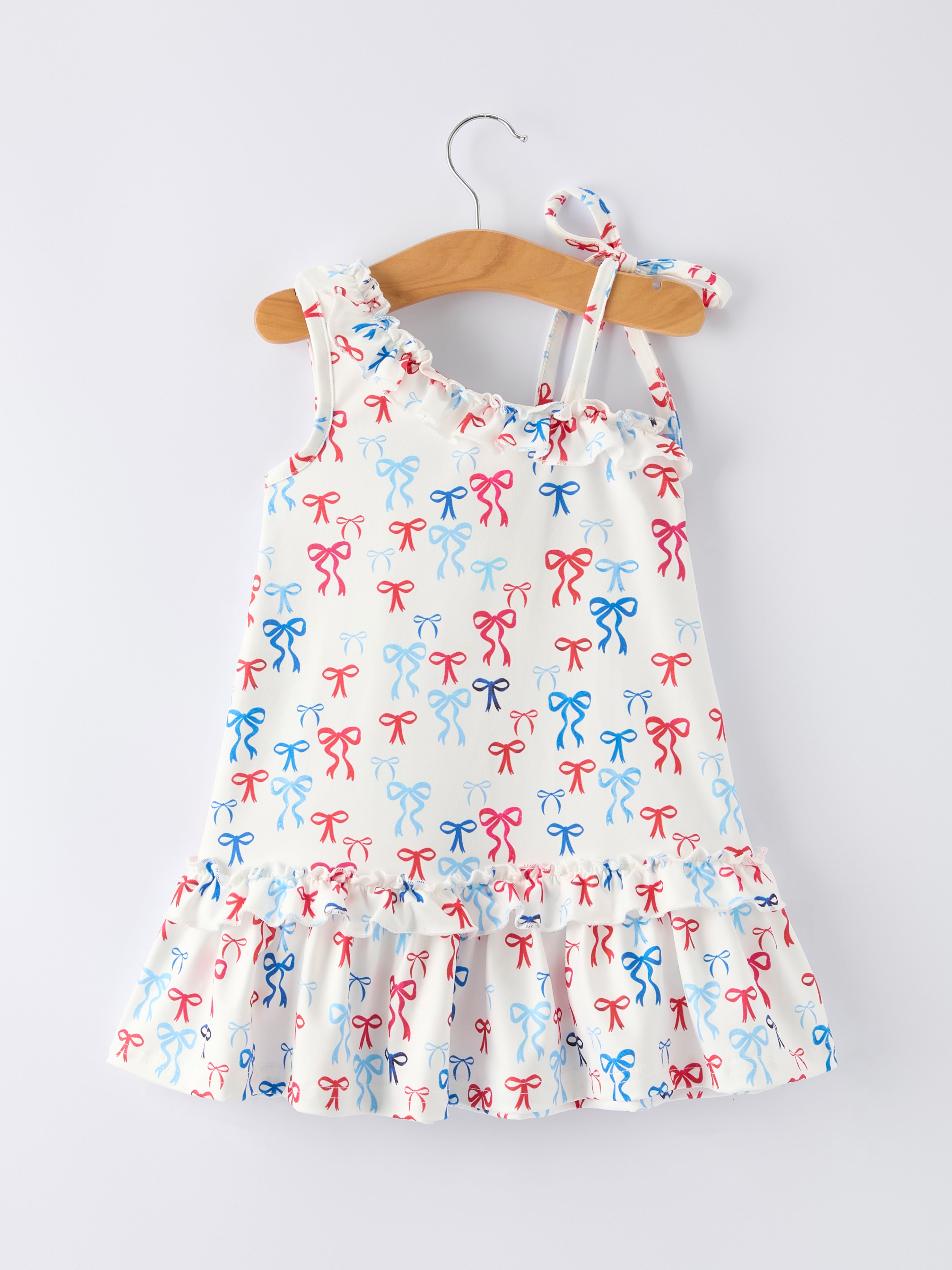 4th of July Bow Print Girls Dress One Shoulder Ruffle