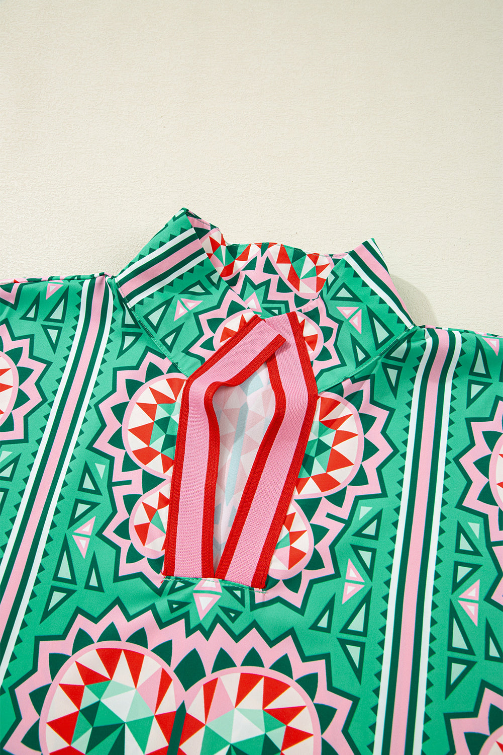 Boho Abstract Contrast Stripe Collared V-Neck Blouse