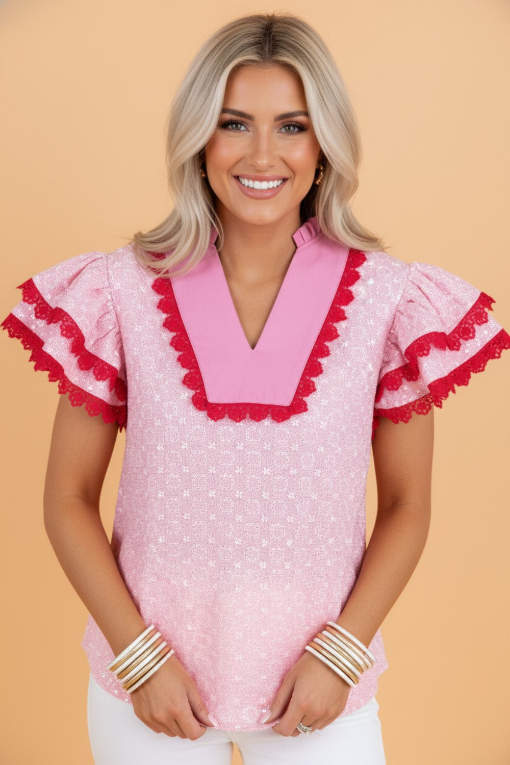 Flower Eyelet Embroidered Lace Flutter Sleeve Blouse