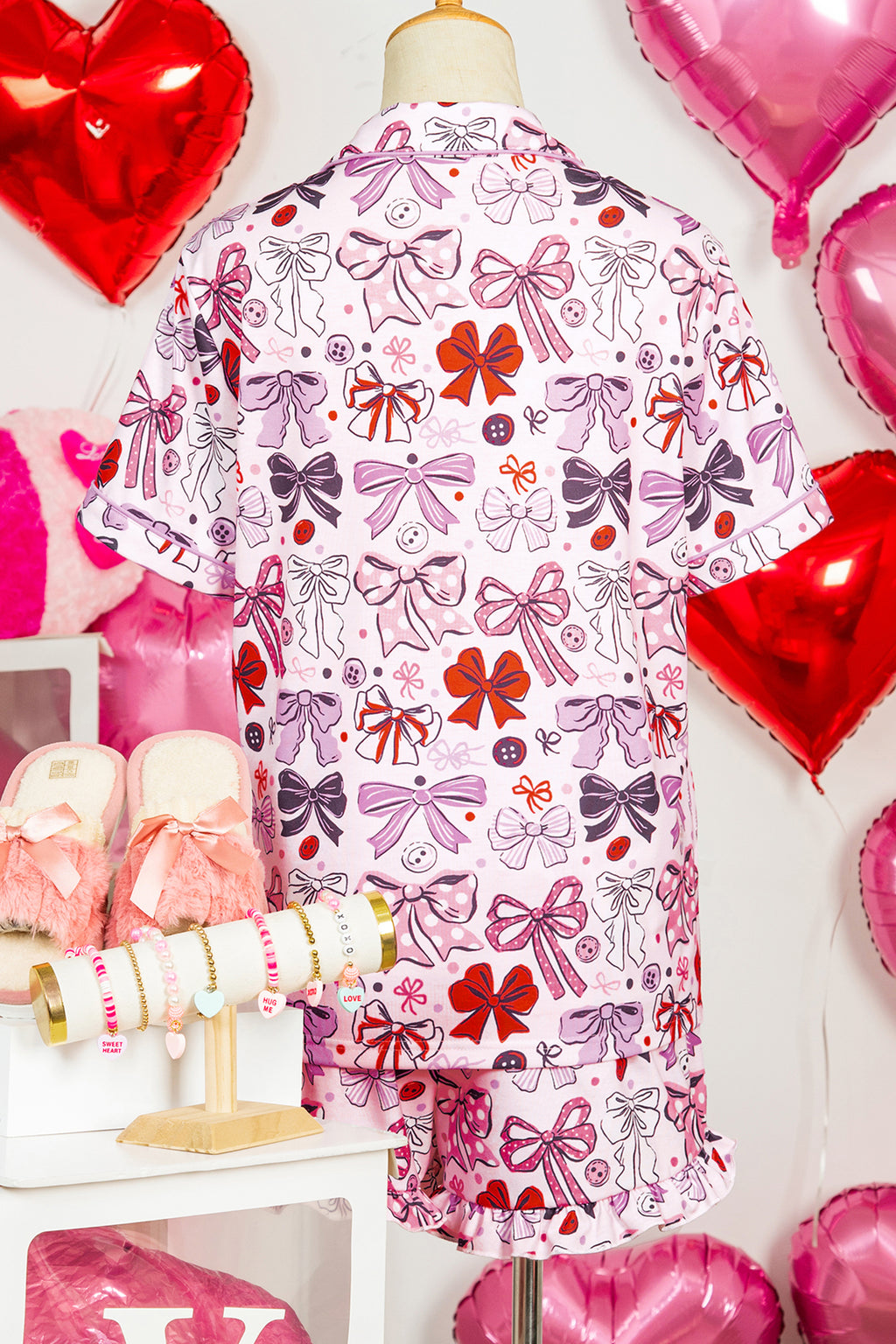 Pink Cute Ribbon Bows Printed 2pcs Short Pajama Set