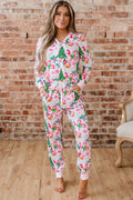 Pink Christmas Pattern Button V Neck Pullover Drawstring Pants 2pcs Lounge Set