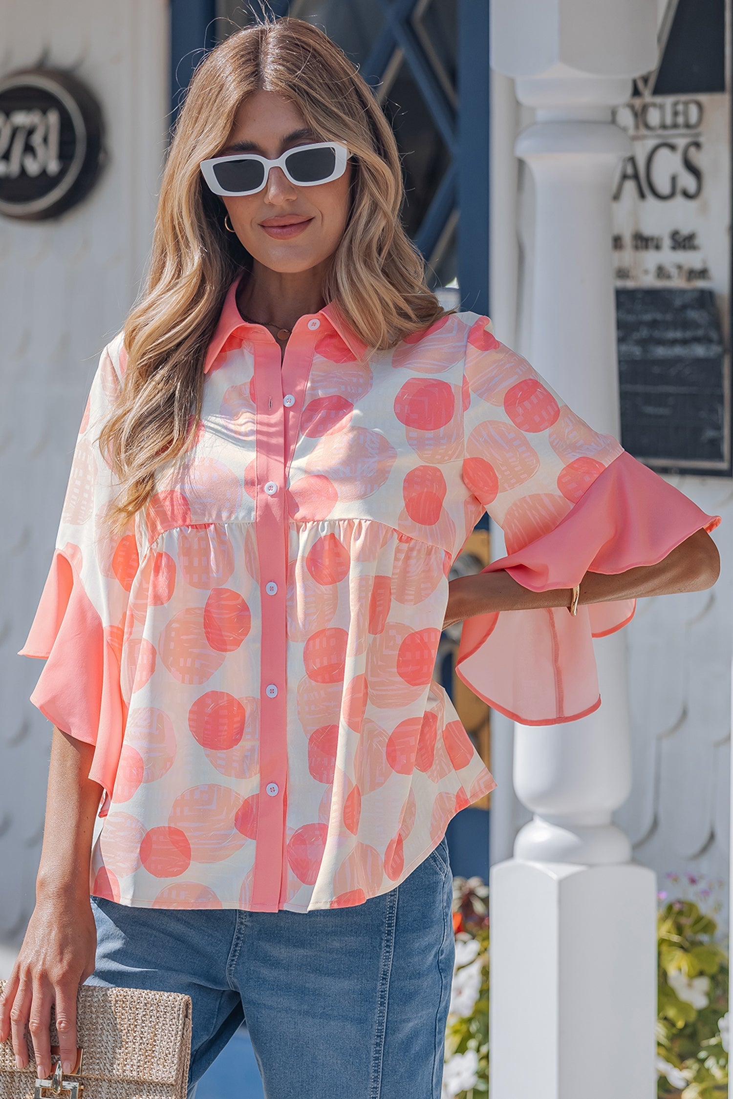 Polka Dot Ruffle Short Sleeve Babydoll Shirt