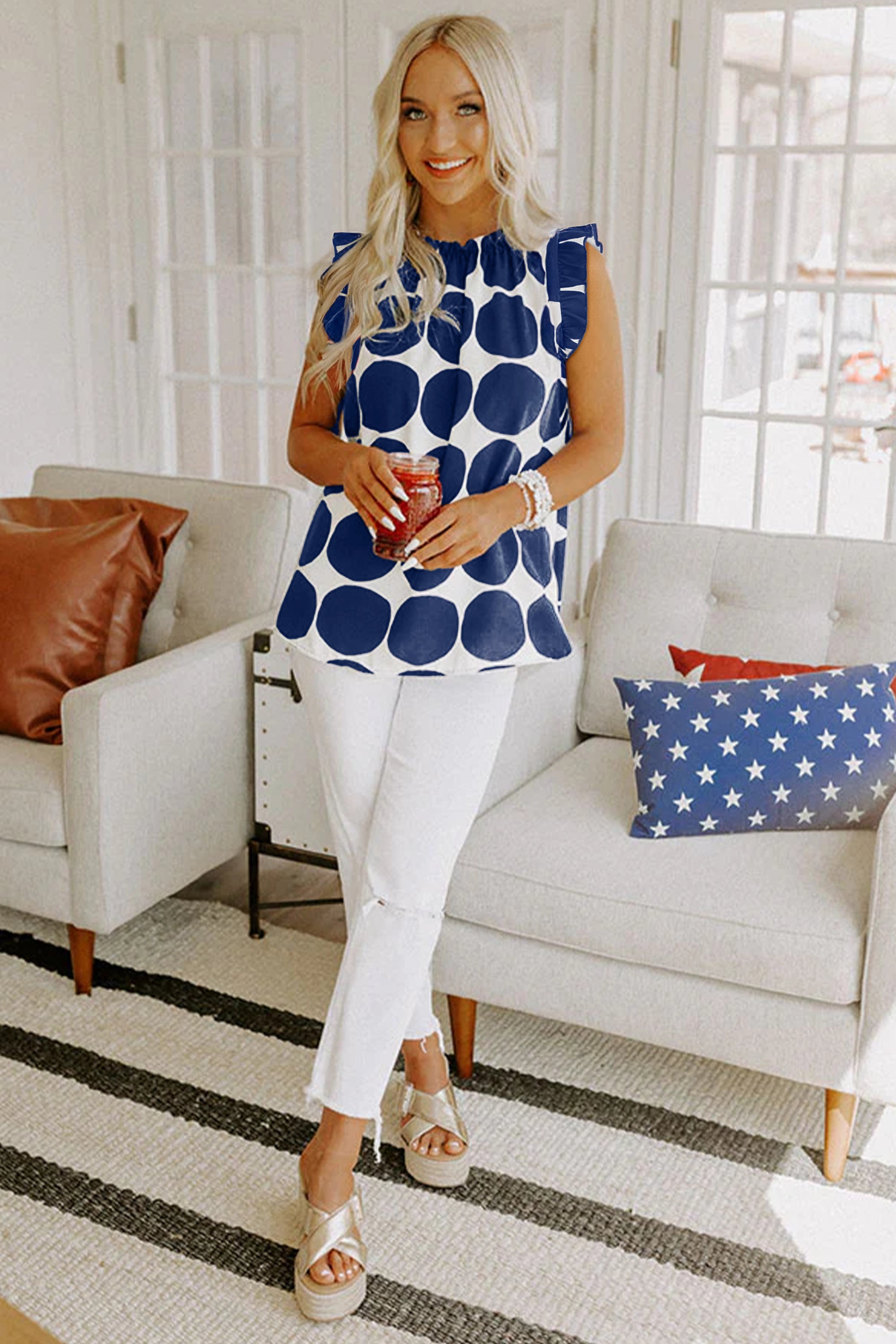 Polka Dot Frilled Round Neck Tank Top