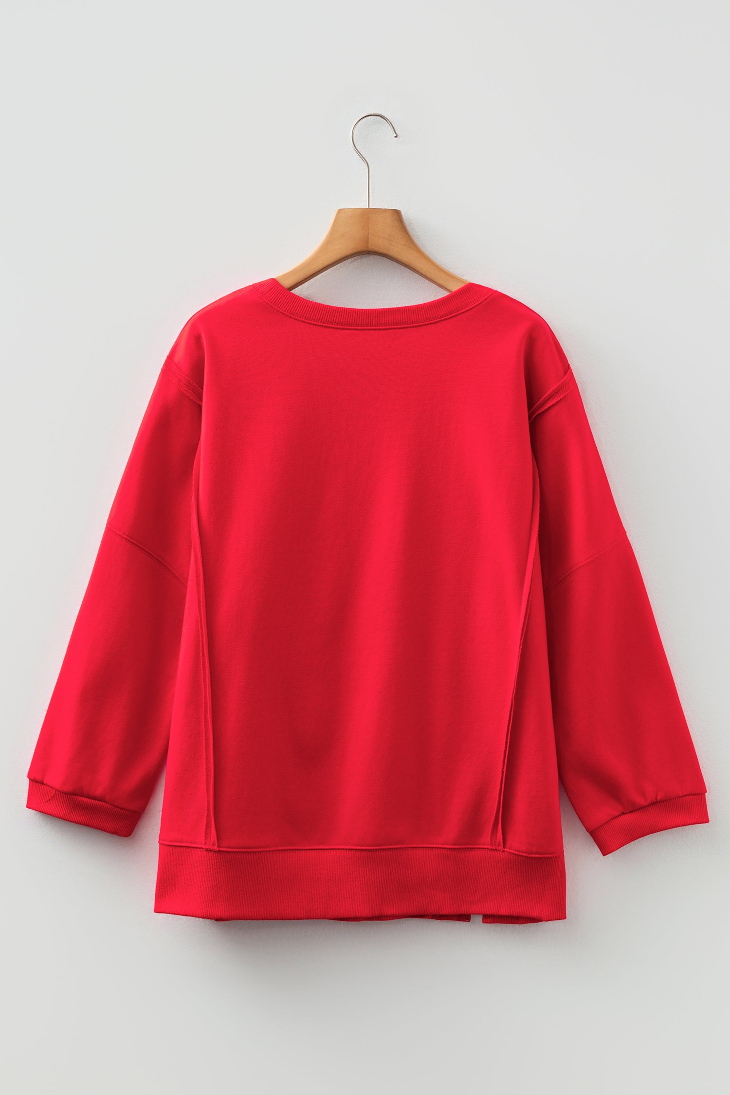 Fiery Red Floral Bow Patched Exposed Seam Patchwork Slit Baggy Sweatshirt