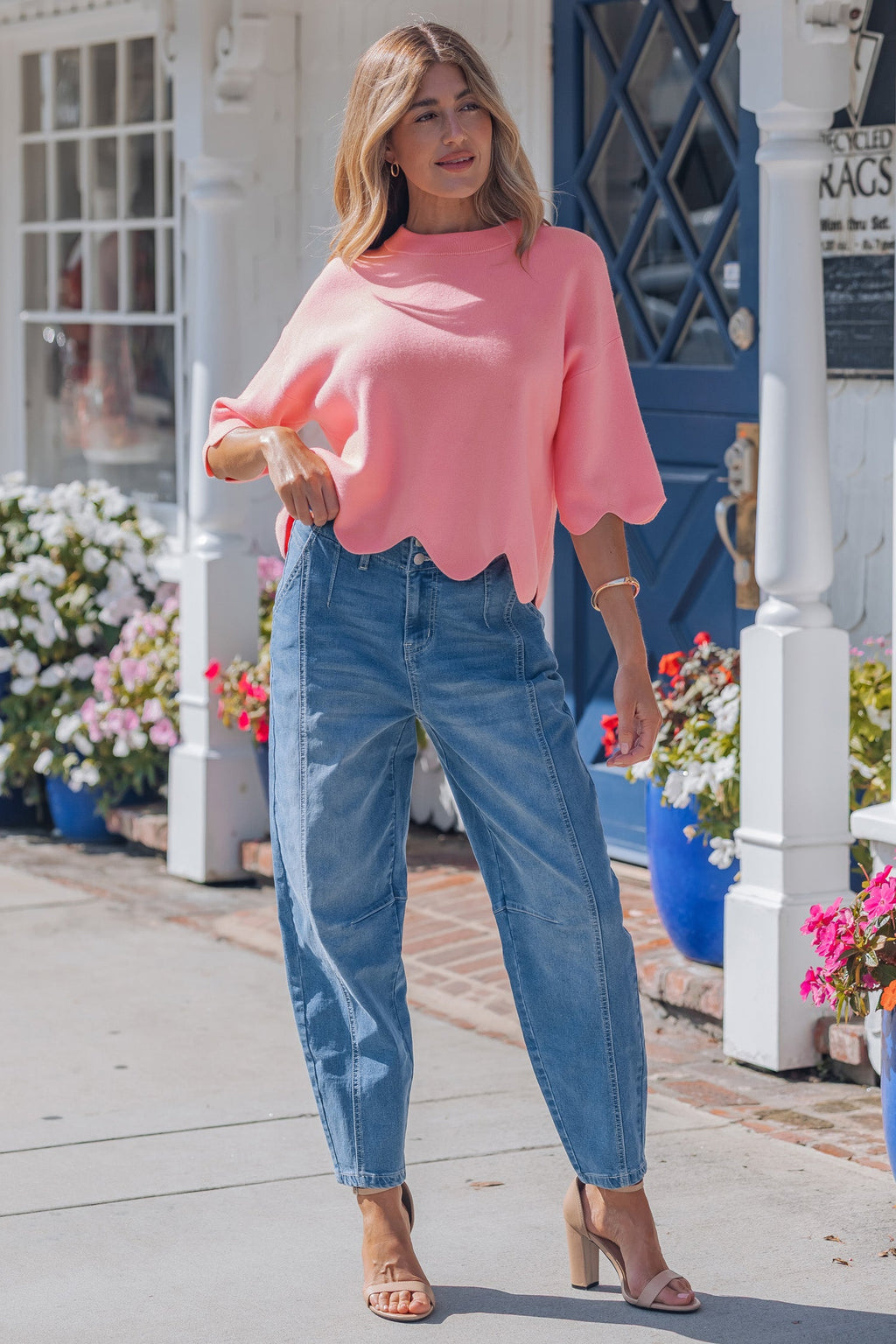 Solid Scalloped Hem 3/4 Sleeve Sweater Top