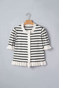 Stripe Ruffle Knit Short Sleeve Buttoned Cardigan
