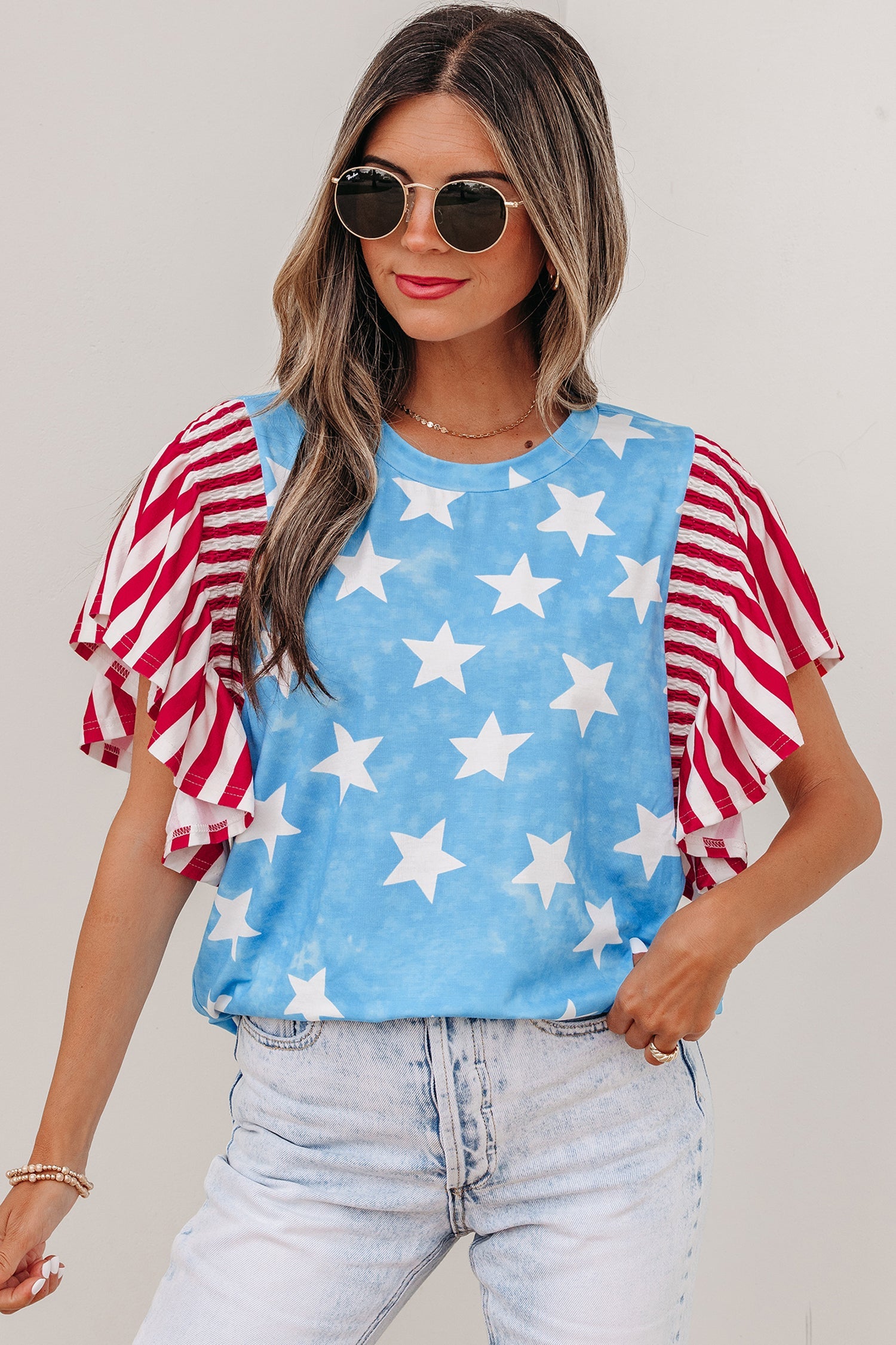 Stars & Stripes Mineral Wash Ruffle Sleeve Top