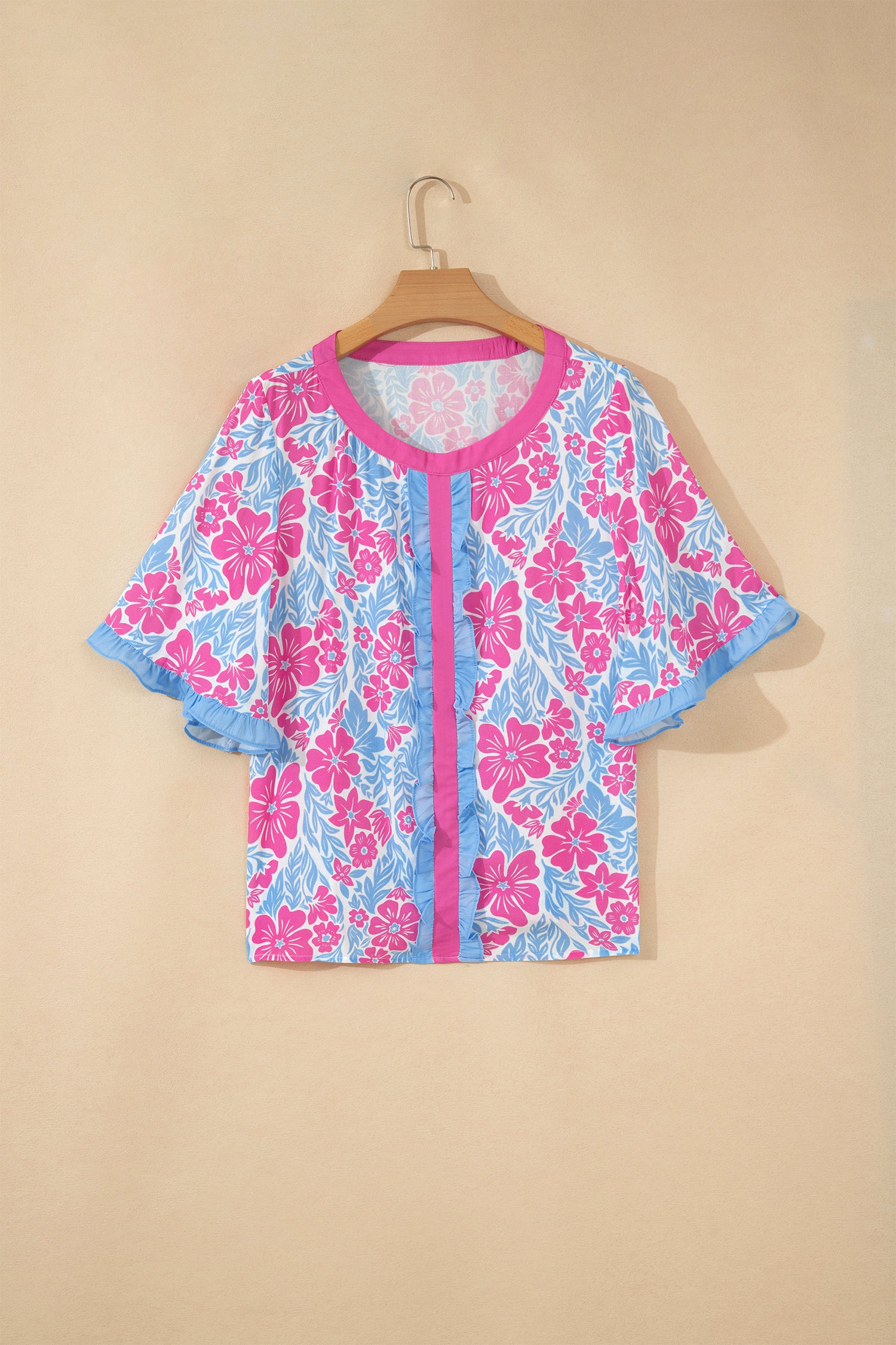 Sky Blue Floral Print Ruffled Color Block Trim Half Sleeve Blouse