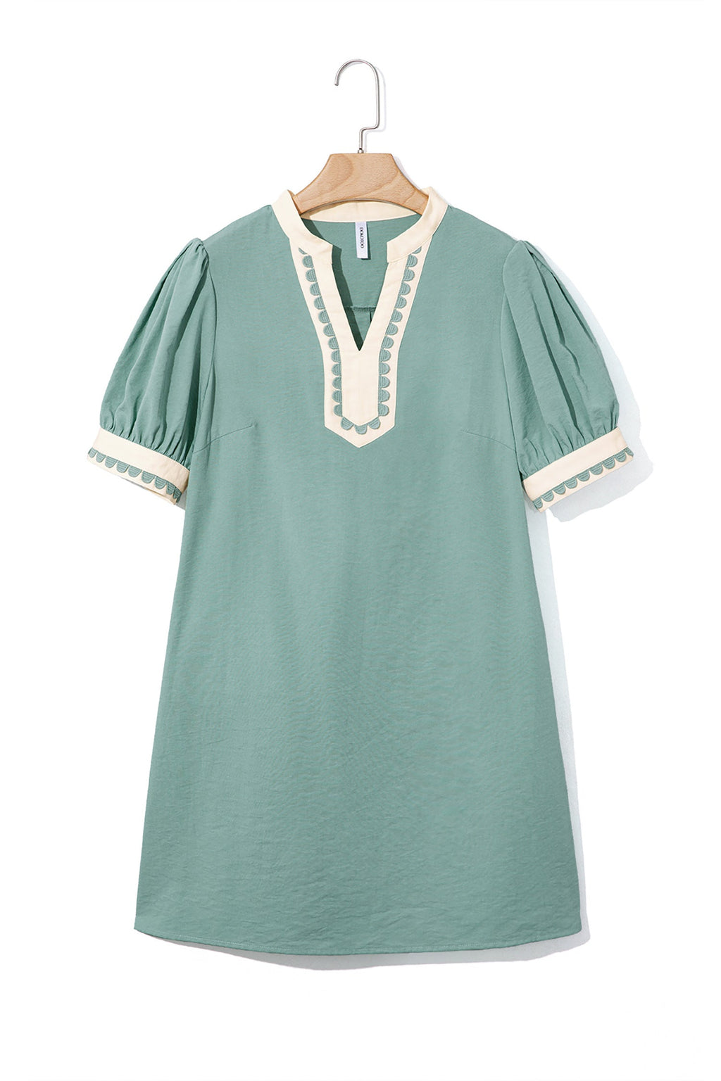 Scallop Trim Colorblock Puff Sleeve Mini Dress