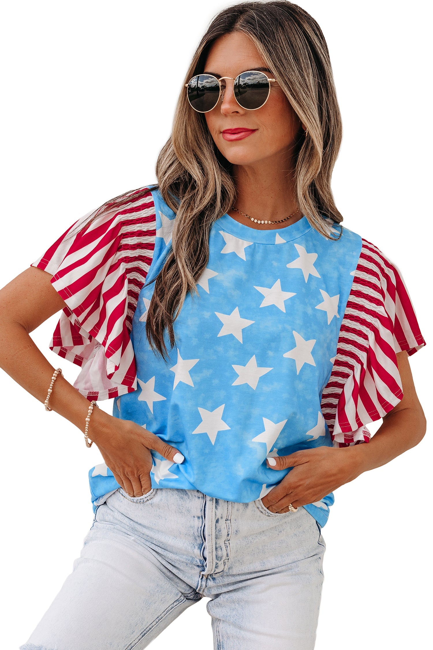 Stars & Stripes Mineral Wash Ruffle Sleeve Top