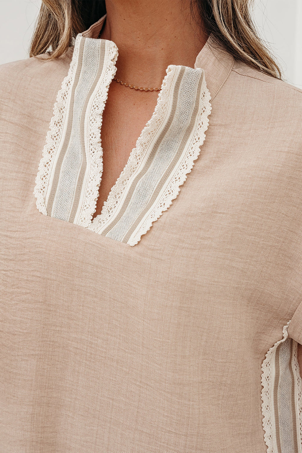 Crochet Lace Trim Rolled Short Sleeve Blouse
