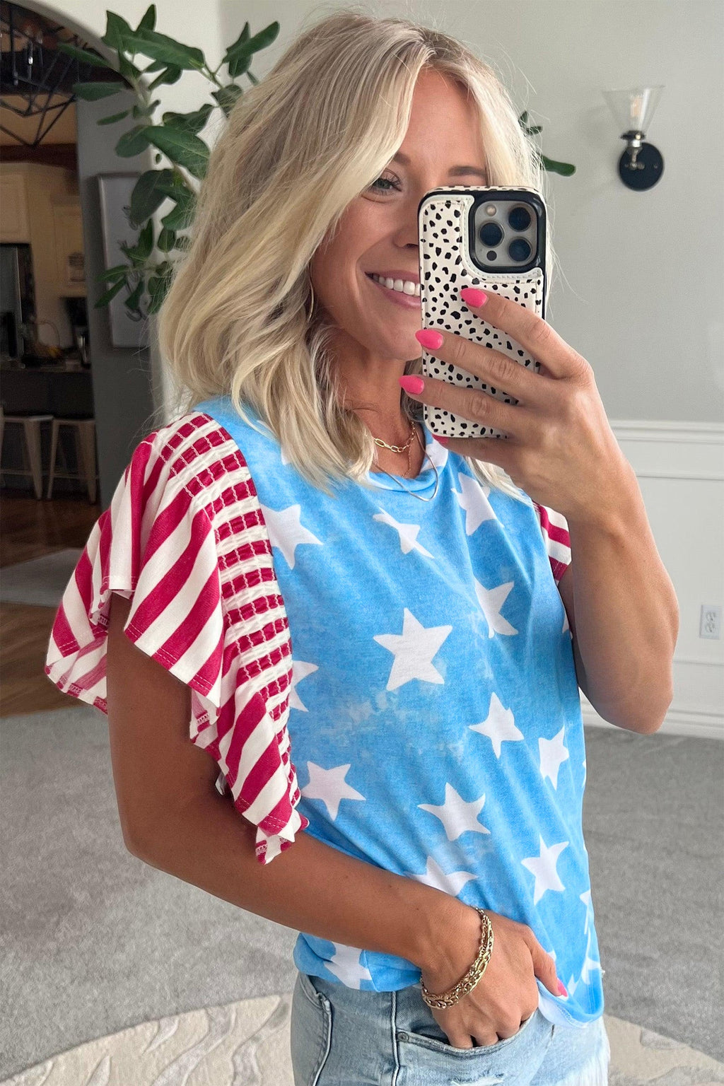 Stars & Stripes Mineral Wash Ruffle Sleeve Top