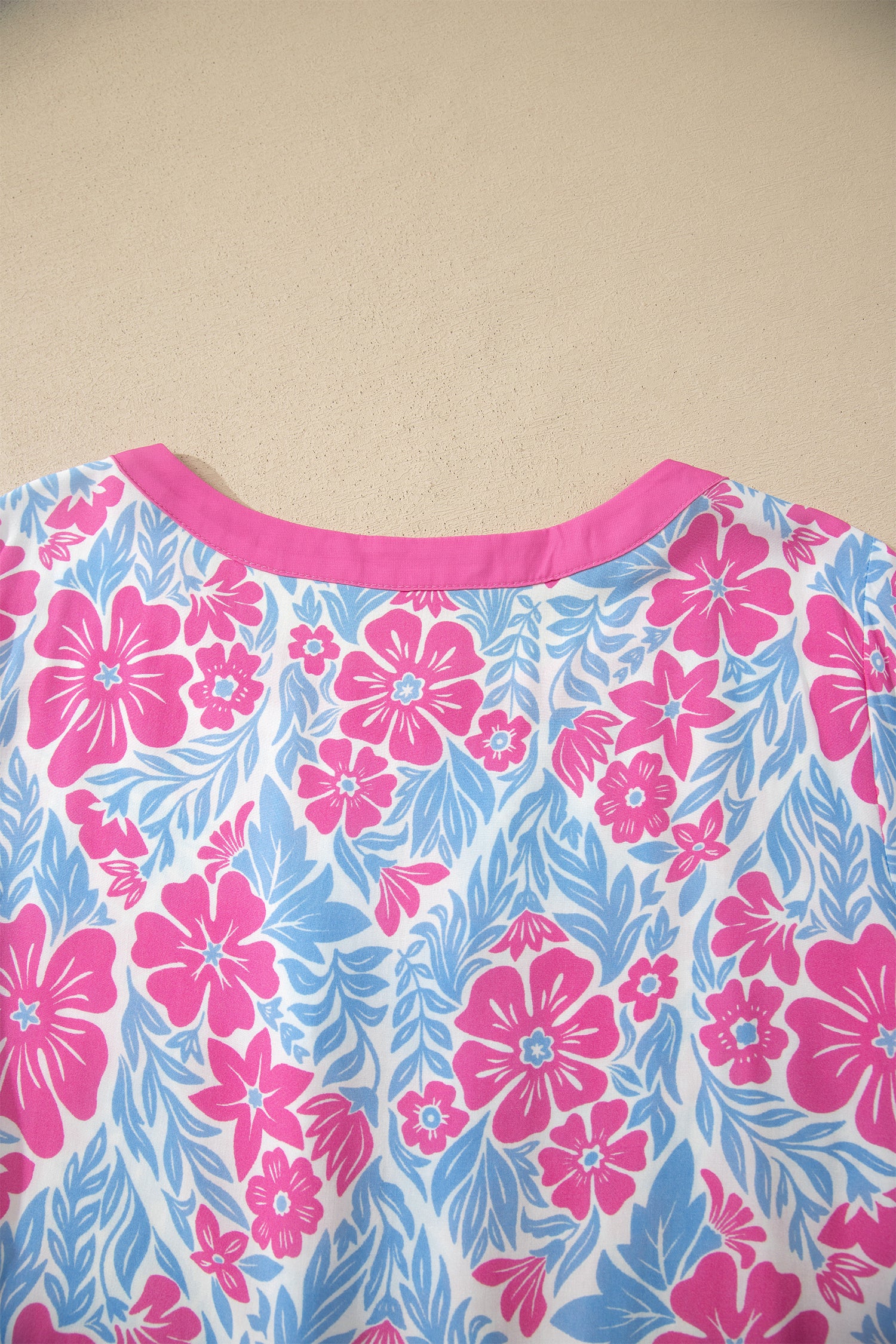 Sky Blue Floral Print Ruffled Color Block Trim Half Sleeve Blouse