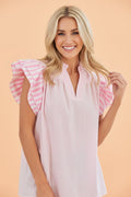 Stripe Contrast Trim V-Neck Flutter Sleeve Blouse