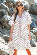 Floral Bubble Sleeve Tie Neck Ruffle Hem Dress