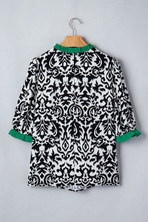 Abstract Damask Colorblock Ruffle 3/4 Sleeve Blouse