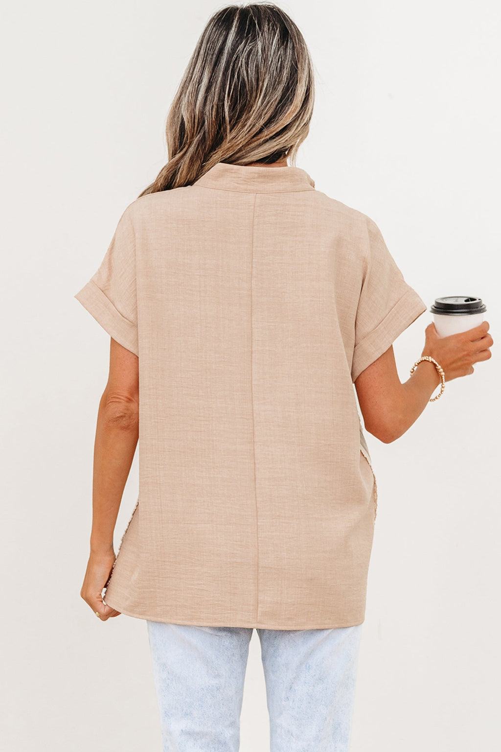 Crochet Lace Trim Rolled Short Sleeve Blouse