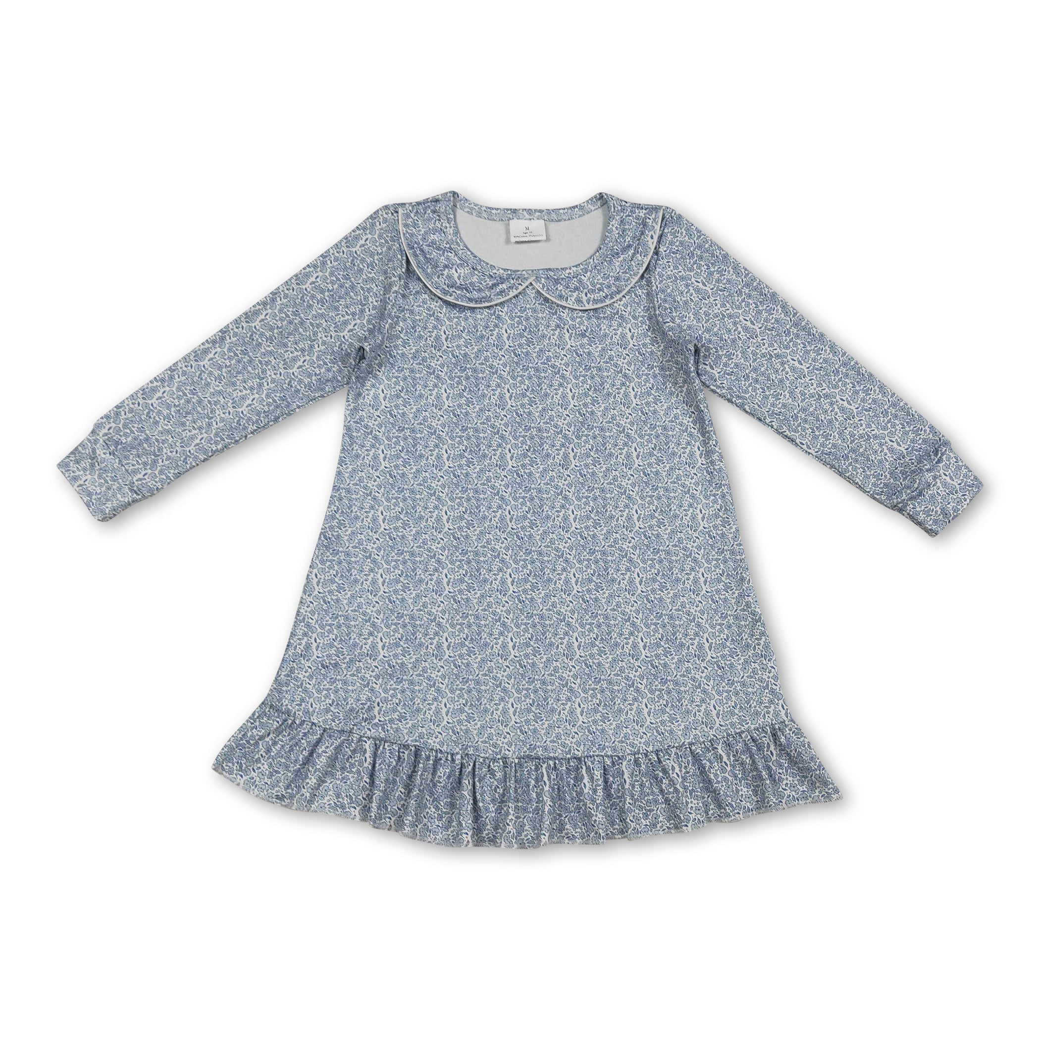 Long Sleeves Light Blue Floral Ruffle Baby Girls Dress