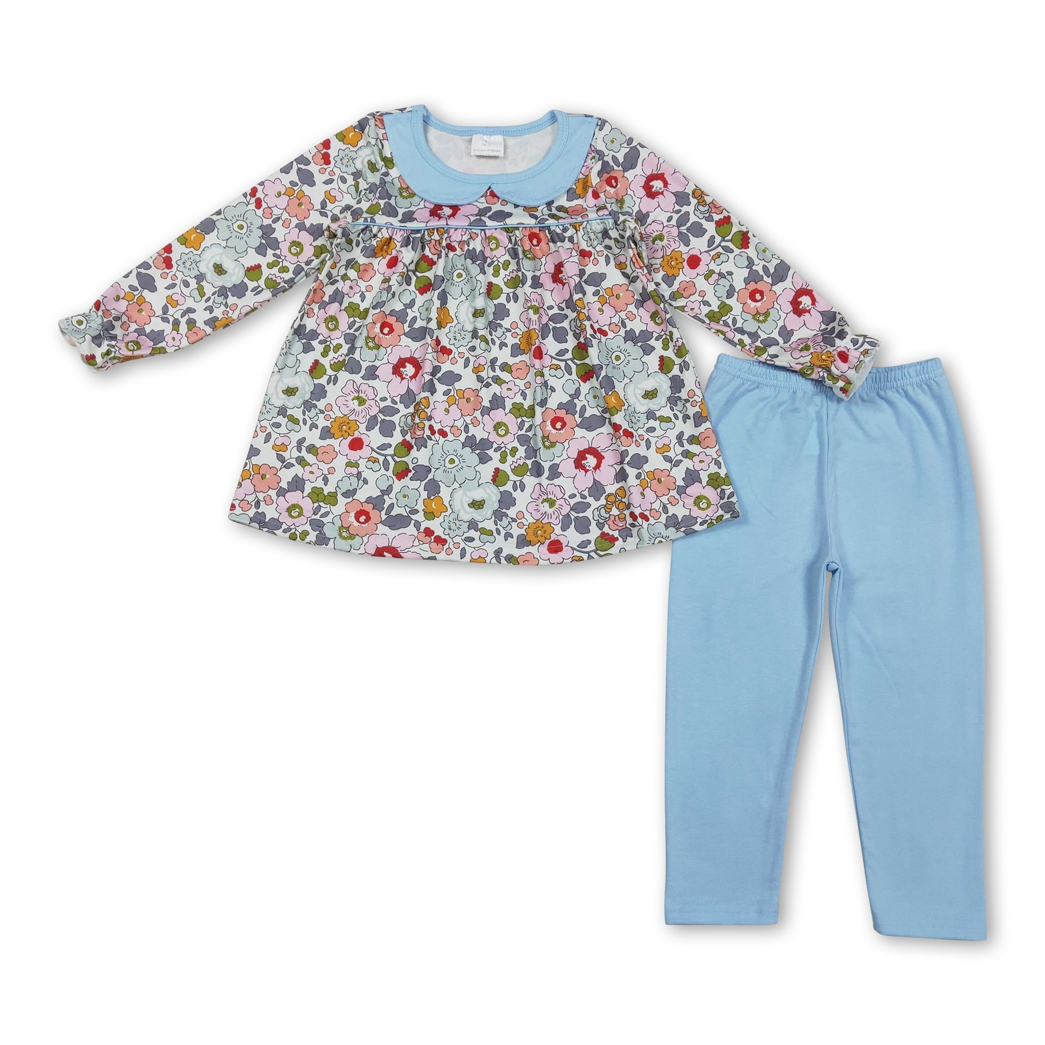 Long Sleeves Floral Tunic Light Blue Leggings Girls Outfits