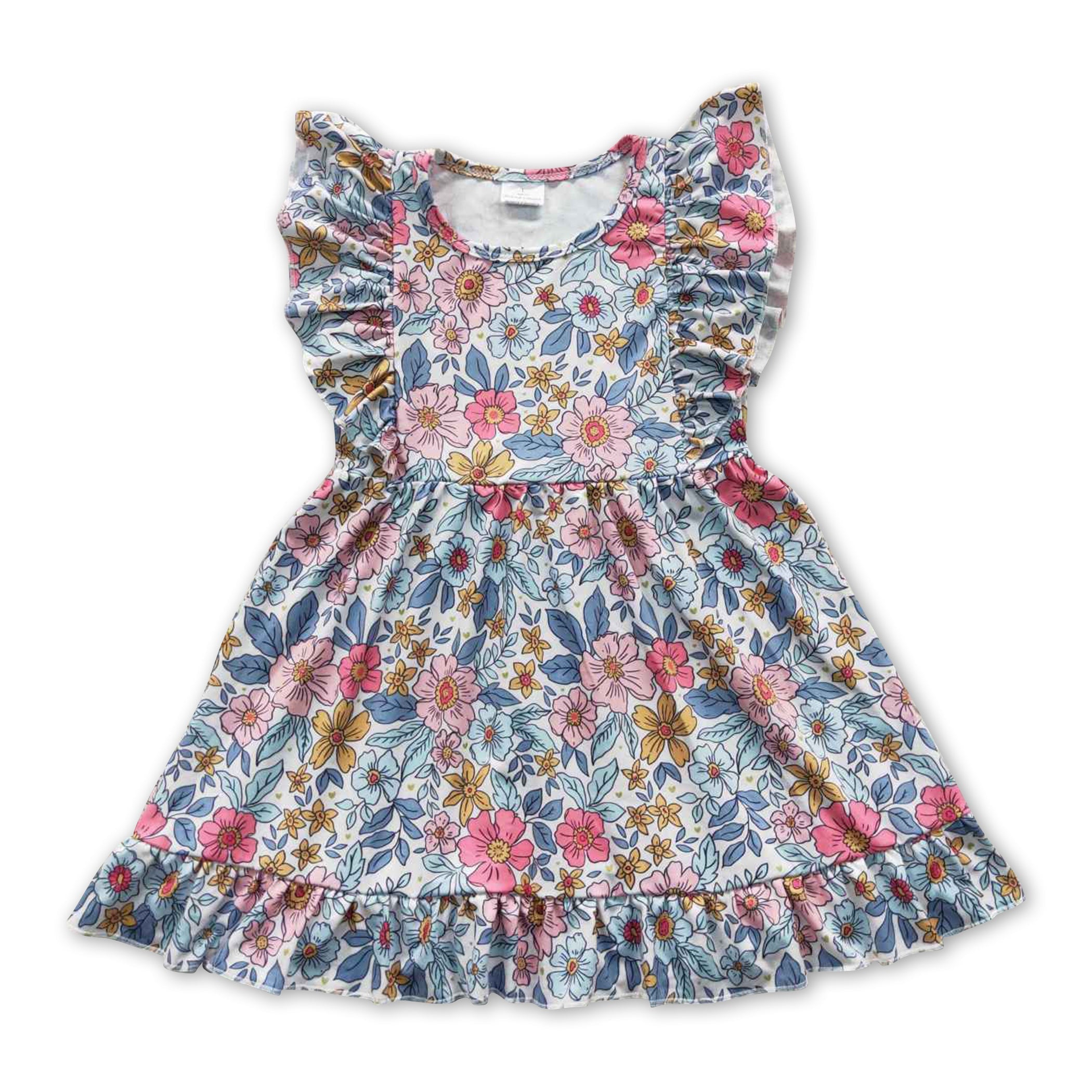 Flutter Sleeves Blue Floral Baby Girls Summer Dress