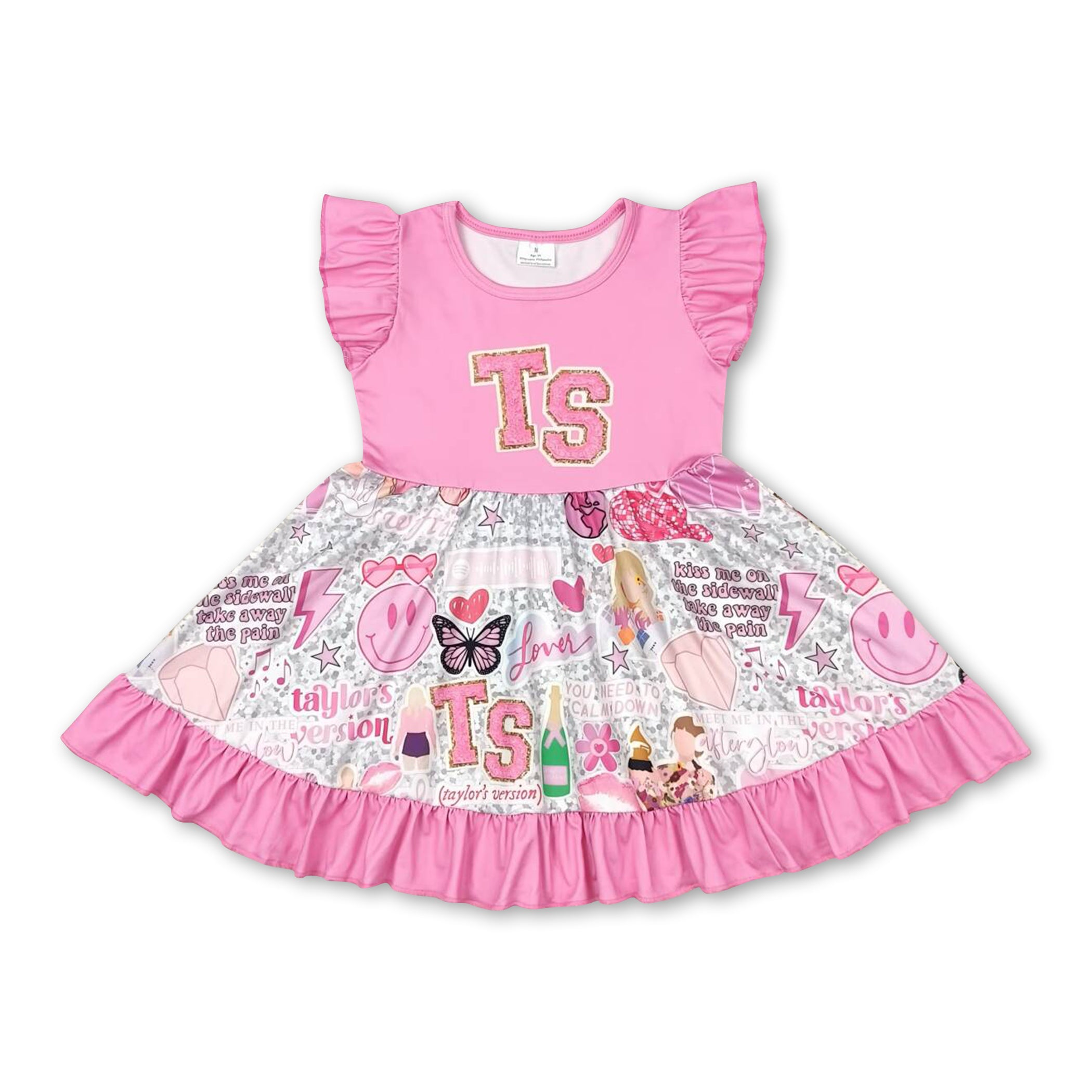Pink Flutter Sleeves Guitar Butterfly Singer Girls Dress