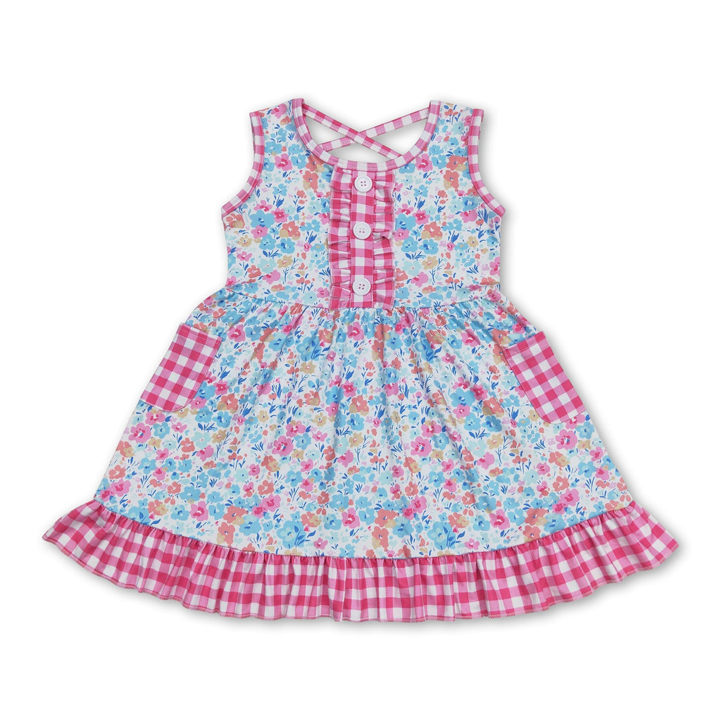 Sleeveless Floral Plaid Ruffle Girls Summer Dress