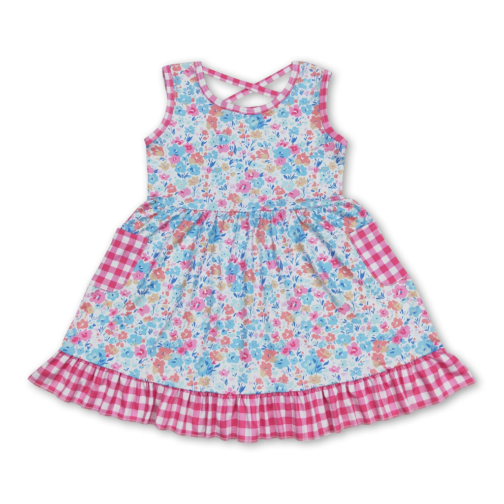 Sleeveless Floral Plaid Ruffle Girls Summer Dress