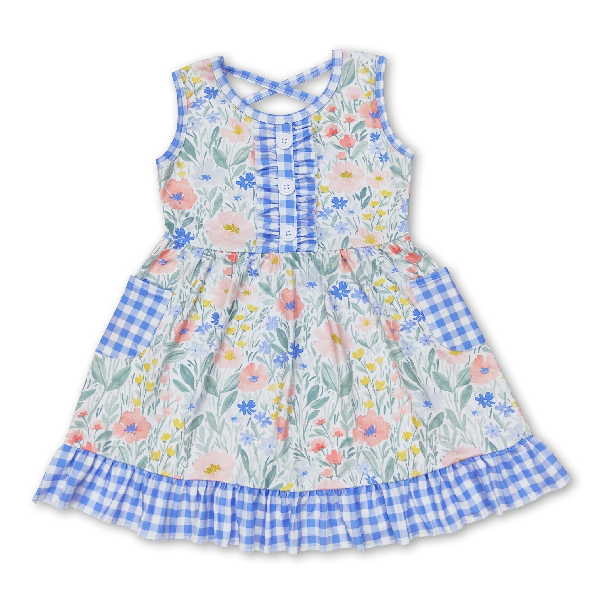 Sleeveless Blue Plaid Pockets Floral Girls Dresses