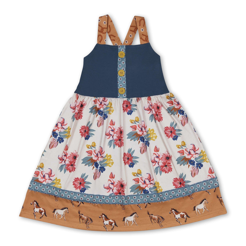 Straps Horse Floral Baby Girls Summer Dresses