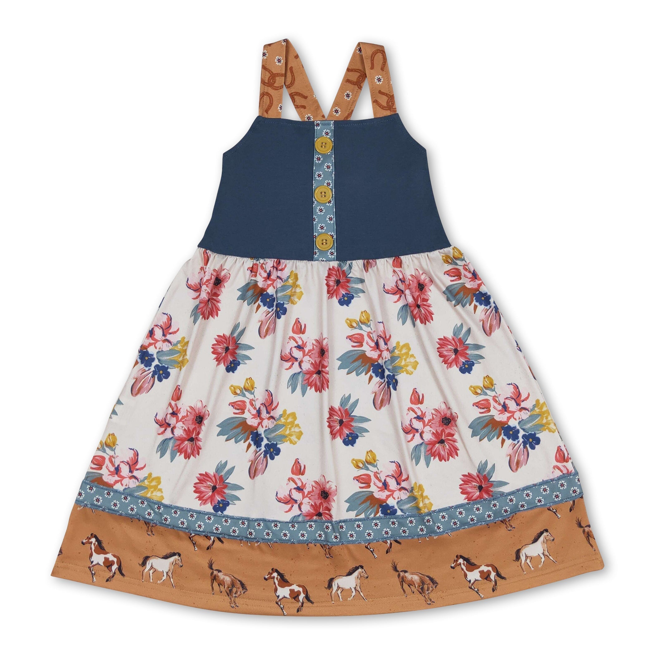 Straps Horse Floral Baby Girls Summer Dresses