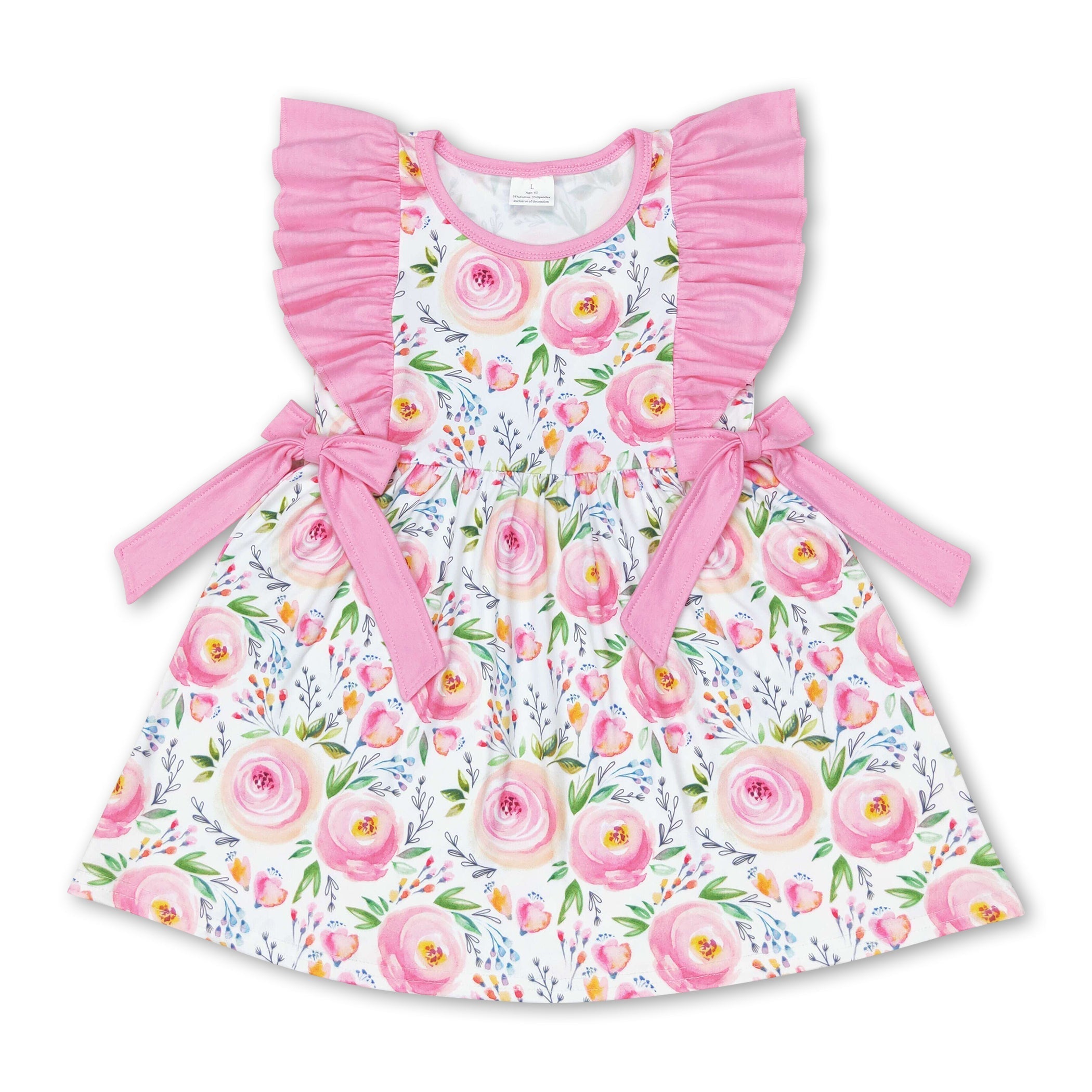 Pink Ruffle Sleeves Floral Kids Girls Spring Dress