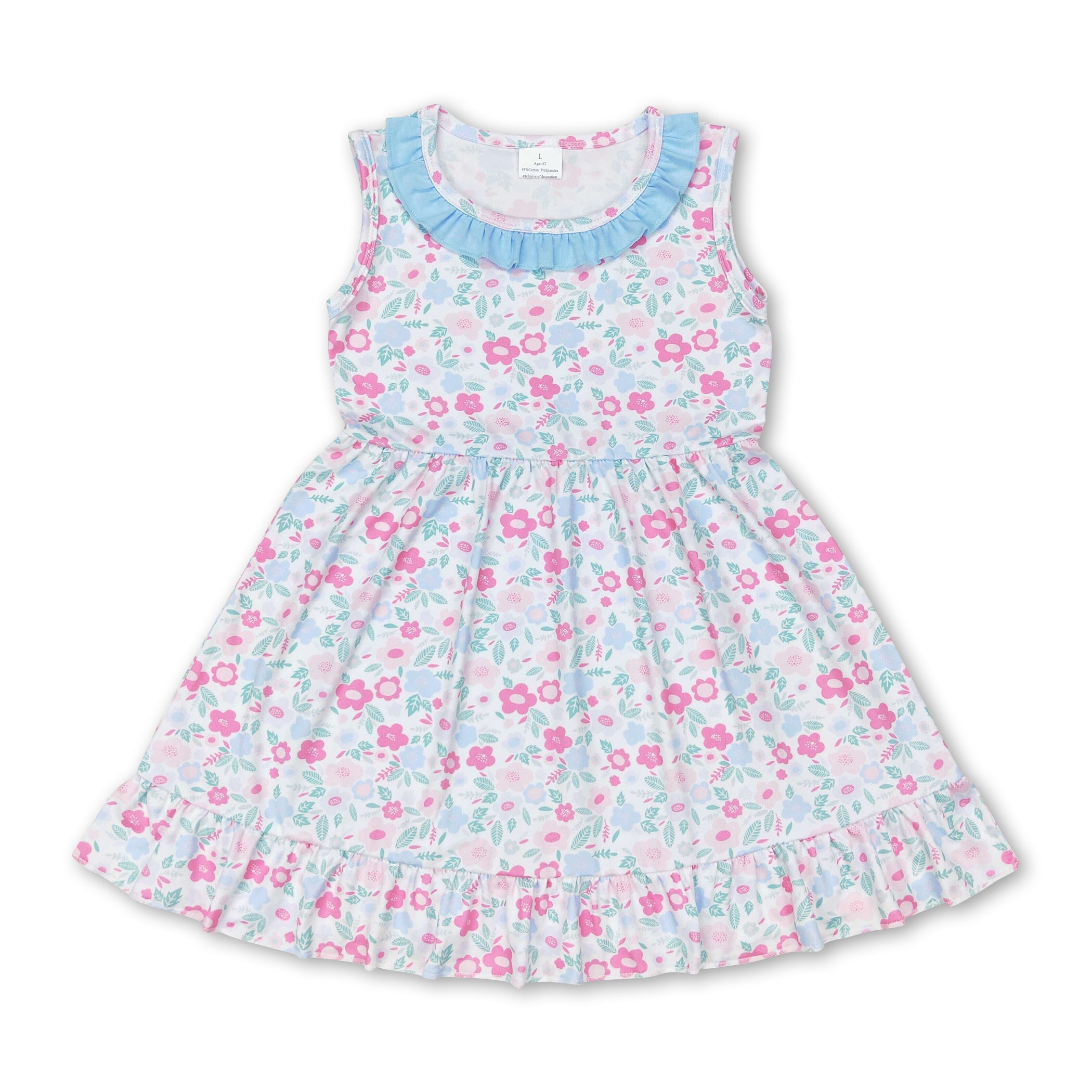 Light Blue Ruffle Sleeveless Floral  Girls Summer Dress