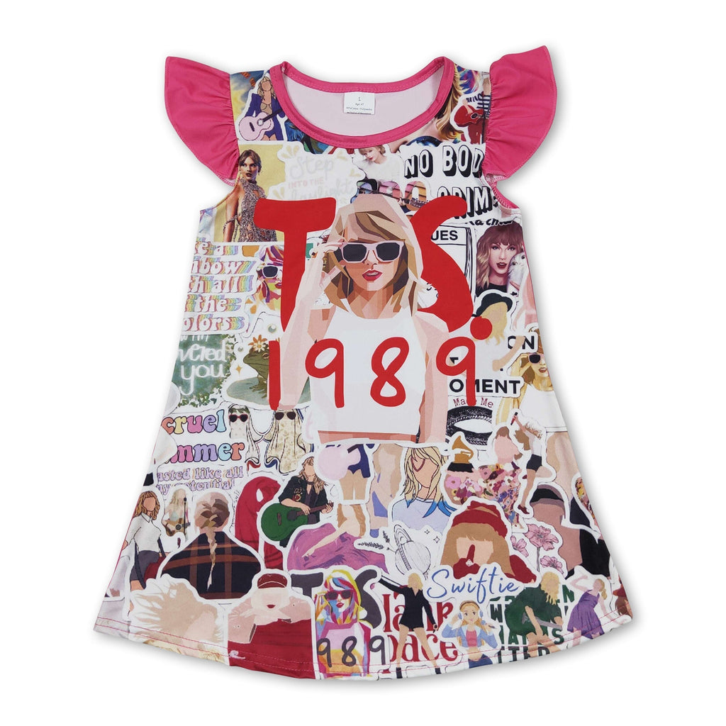 Hot Pink Flutter Sleeves Sunglasses Singer Girls Dresses
