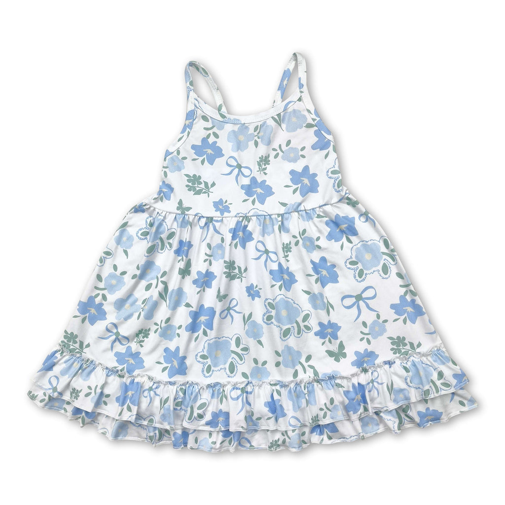 Straps Light Blue Floral Bow Ruffle Summer Dress