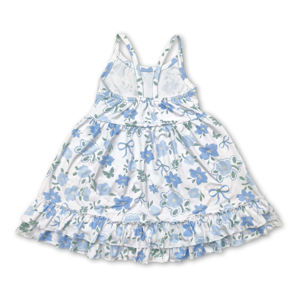 Straps Light Blue Floral Bow Ruffle Summer Dress