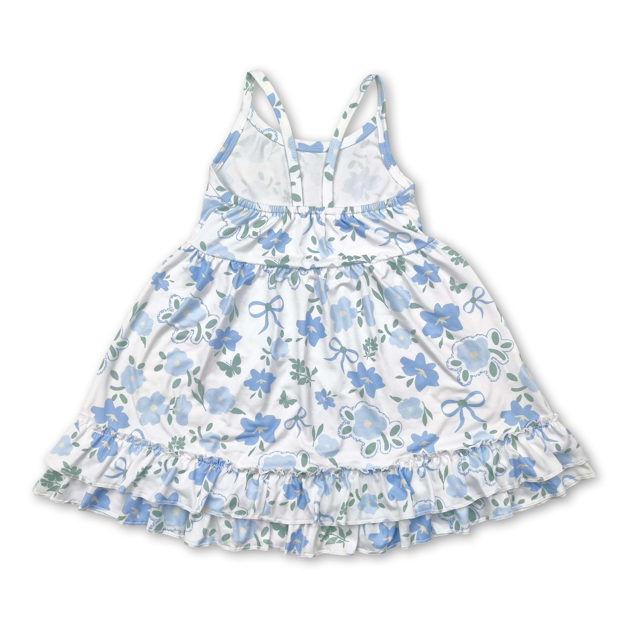 Straps Light Blue Floral Bow Ruffle Summer Dress