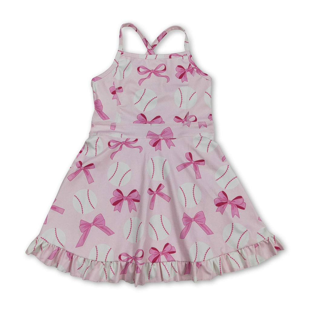 Straps Pink Bow Baseball Girls Summer Athletic Dress