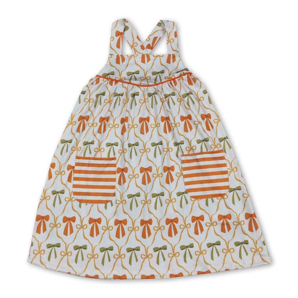 Straps Orange Bows Stripe Pocket Fall Dress