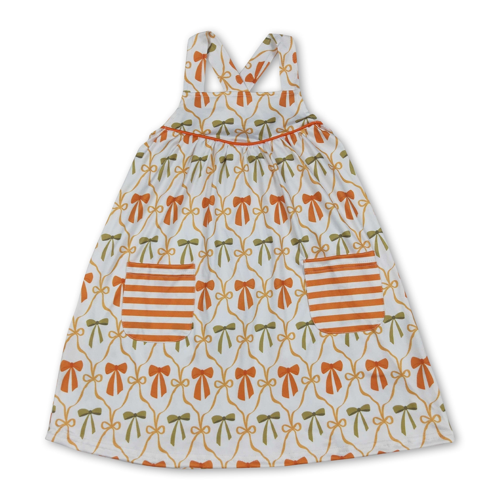 Straps Orange Bows Stripe Pocket Fall Dress