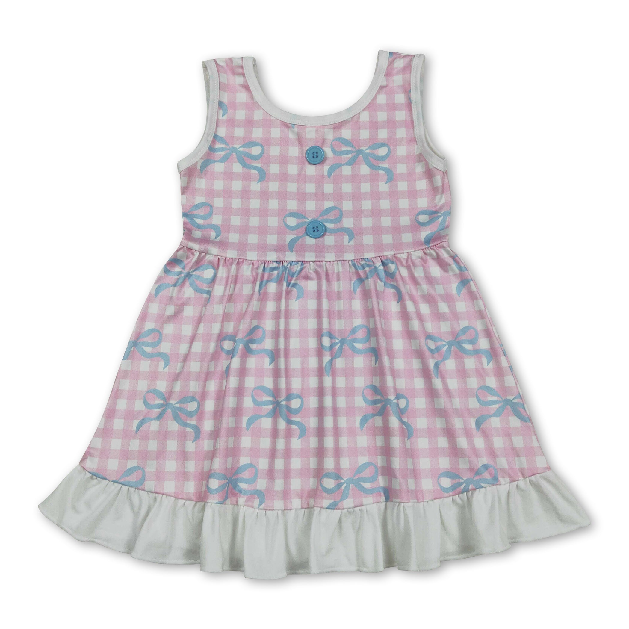 Sleeveless Pink Plaid Bow Girls Ruffle Dresses