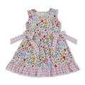 Sleeveless Floral Rabbit Bow Plaid Ruffle Girls Dress
