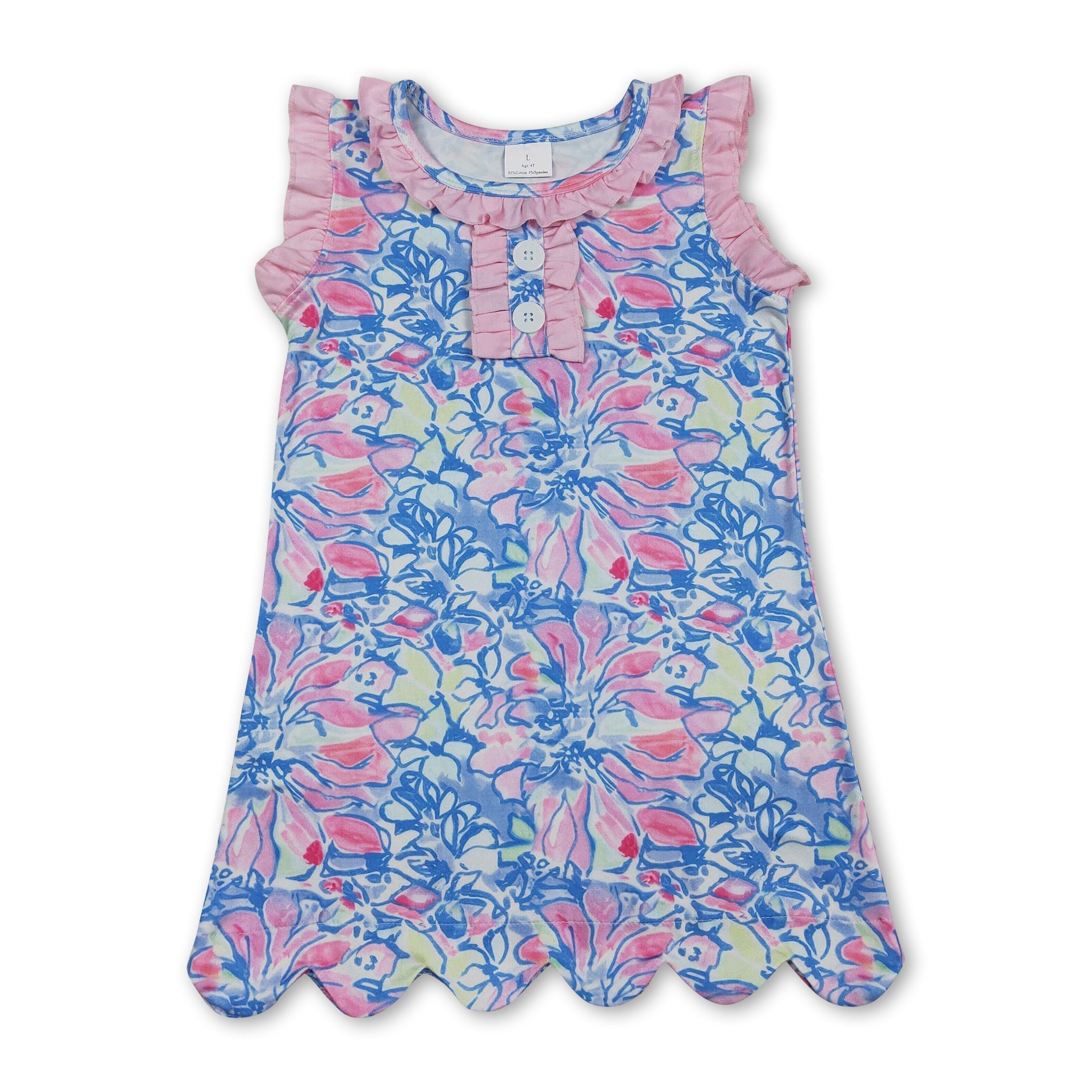 Pink Ruffle Blue Floral Kids Girls Summer Dress
