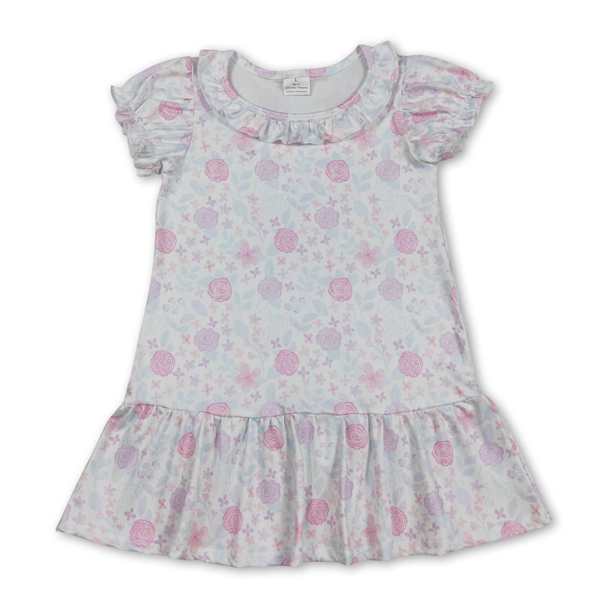 Short Sleeves Pink Lavender Floral Ruffle Girls Dress