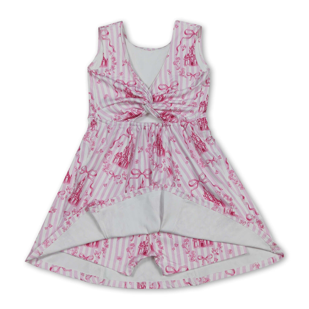 Pink Sleeveless Stripe Bow Castle Girls Athletic Dresses