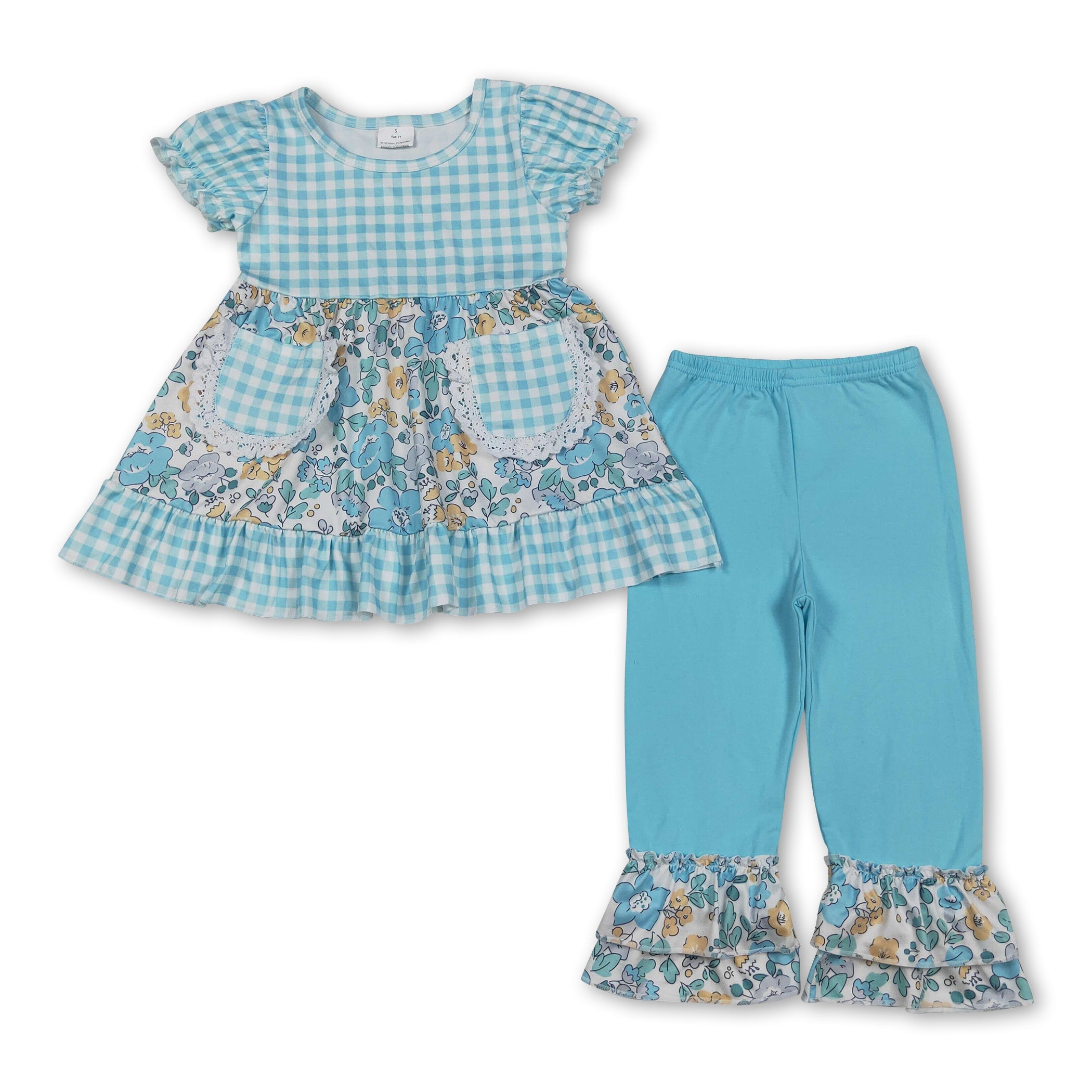 Short Sleeves Plaid Floral Tunic Pants Girls Outfits