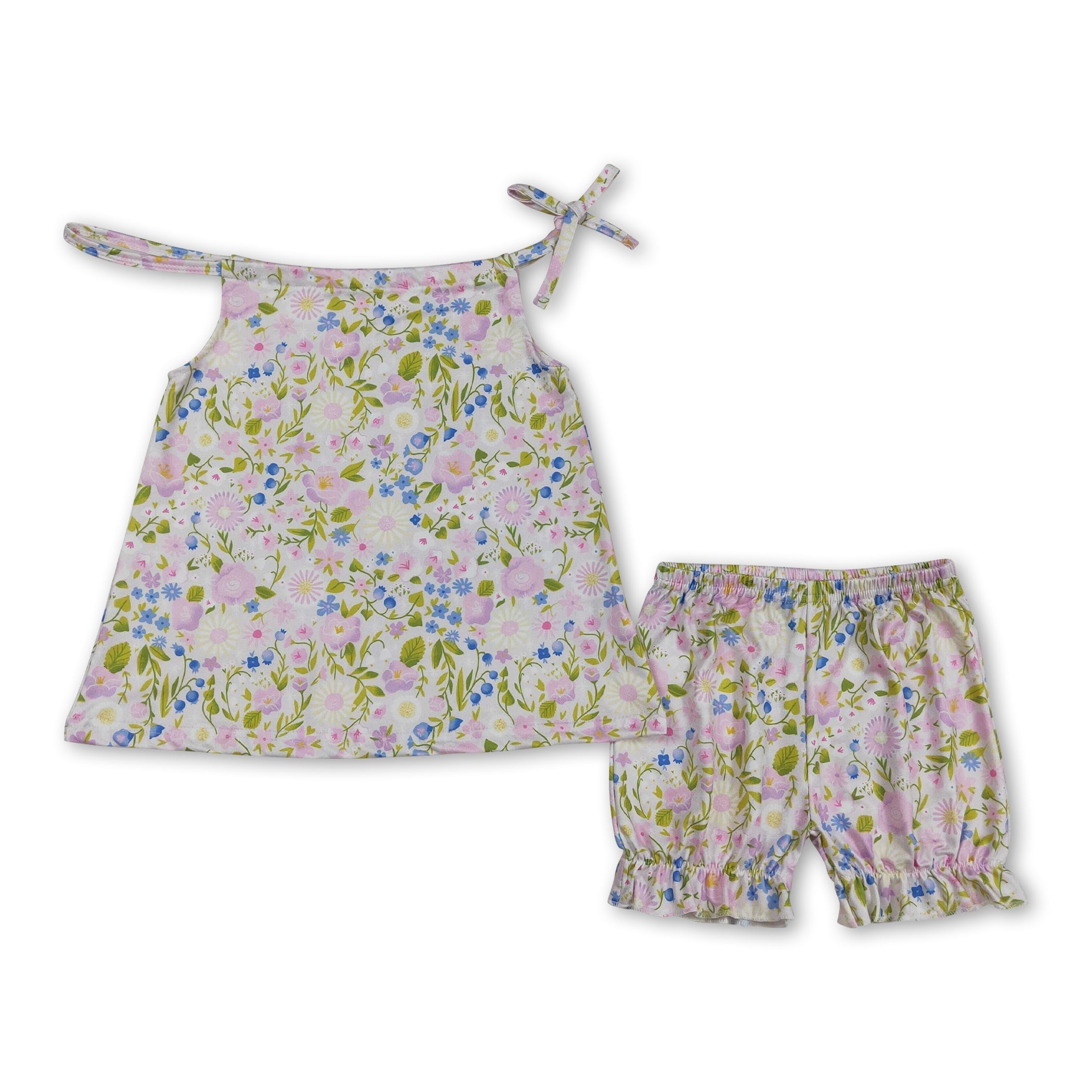 Pink Blue Floral Top Ruffle Shorts Kids Girls Outfits